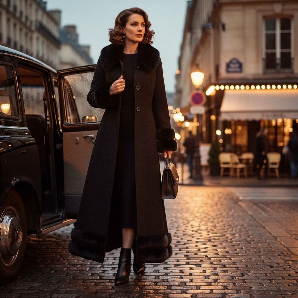 Ashro Wool Blend Coat Faux Fox Fur Collar Cuff Hem Button Up Long Coat Black 10